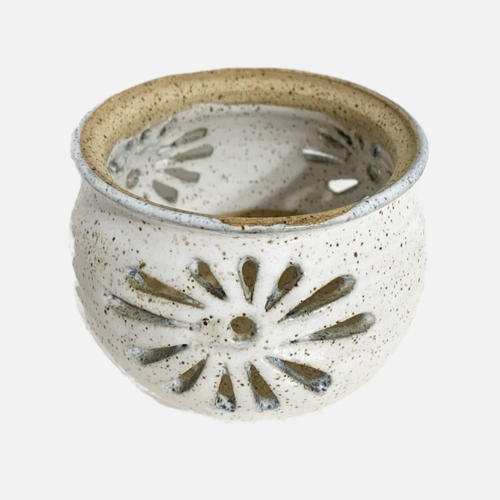 Unbranded Signed Art Pottery Stoneware Votive Candle Holder White Speckled Glaze